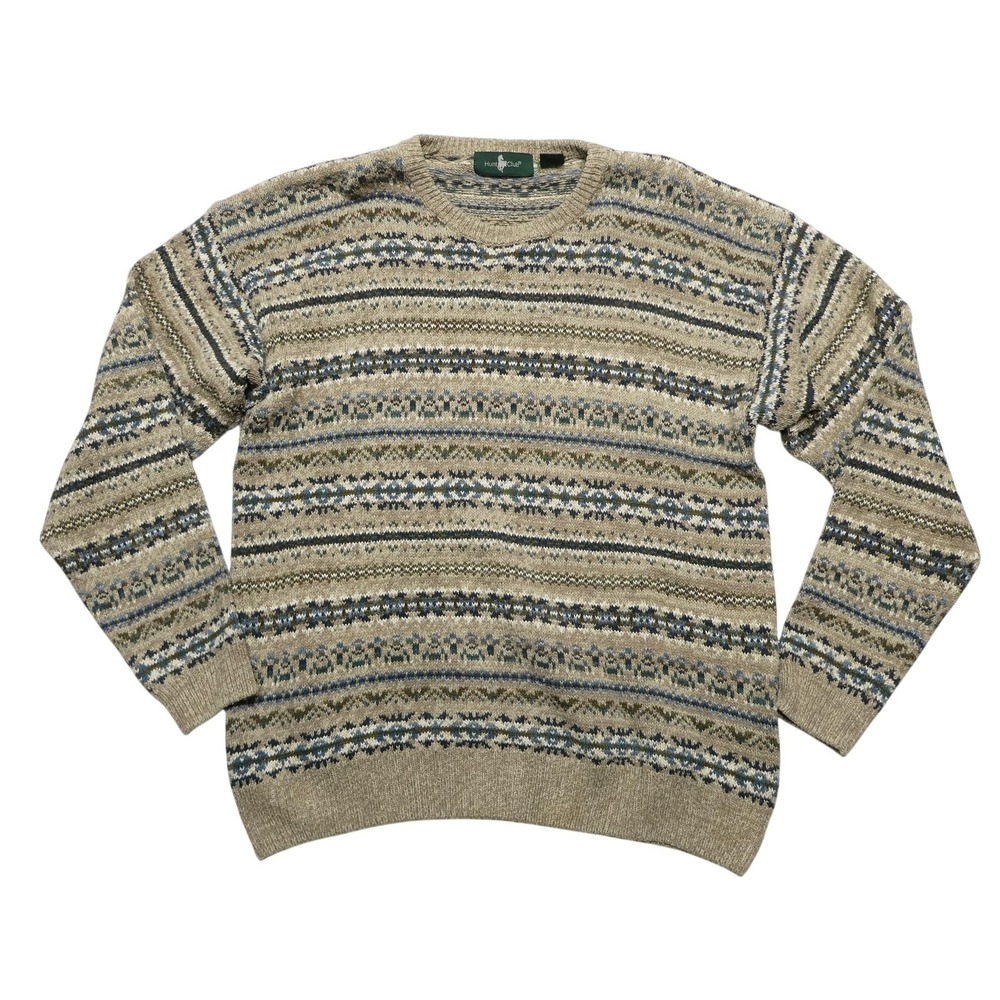 VINTAGE Hunt Club Sweater Mens Large Beige Silk Cotton Fair Isle Crewneck Knit‎